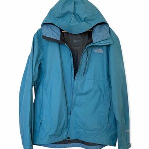 The North Face Gore-Tex Hooded Rain Jacket. Large teal color.